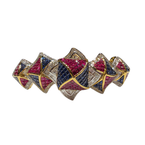 JB0130K - Invisible Set Ruby, Blue Sapphire, and Diamond Bangle Bracelet Set in 18K Gold Setting