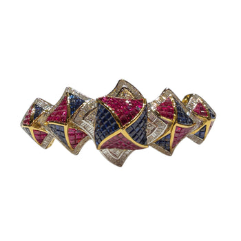 JB0130K - Invisible Set Ruby, Blue Sapphire, and Diamond Bangle Bracelet Set in 18K Gold Setting