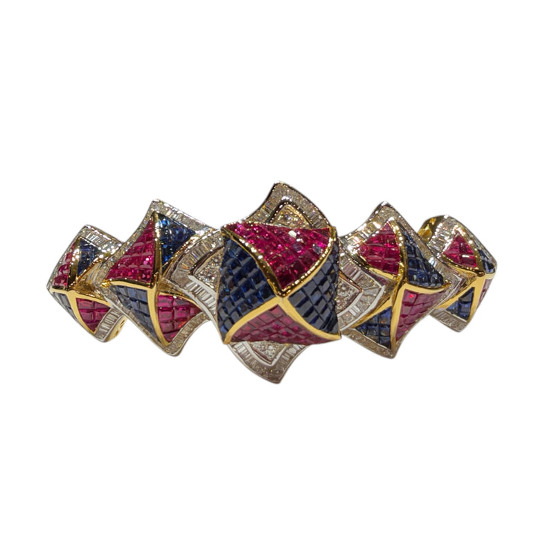 JB0130K - Invisible Set Ruby, Blue Sapphire, and Diamond Bangle Bracelet Set in 18K Gold Setting