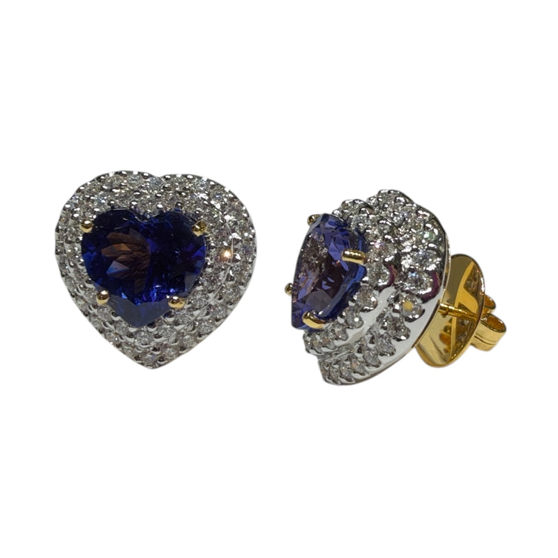 JE0442K - Heart Shape Tanzanite with Halo Diamond Earrings Set in 18K Gold Setting