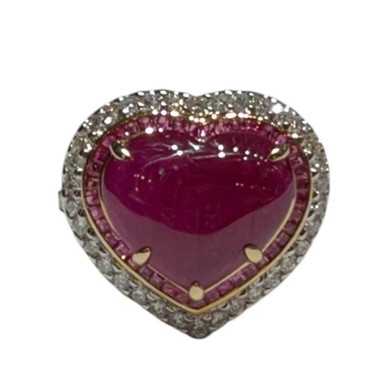 JR0478K - Heart Cabuchon Ruby with Baguette Ruby & Diamond Ring Set in 18K Gold Setting