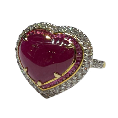 JR0478K - Heart Cabuchon Ruby with Baguette Ruby & Diamond Ring Set in 18K Gold Setting