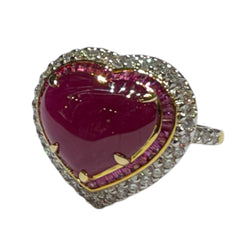 JR0478K - Heart Cabuchon Ruby with Baguette Ruby & Diamond Ring Set in 18K Gold Setting