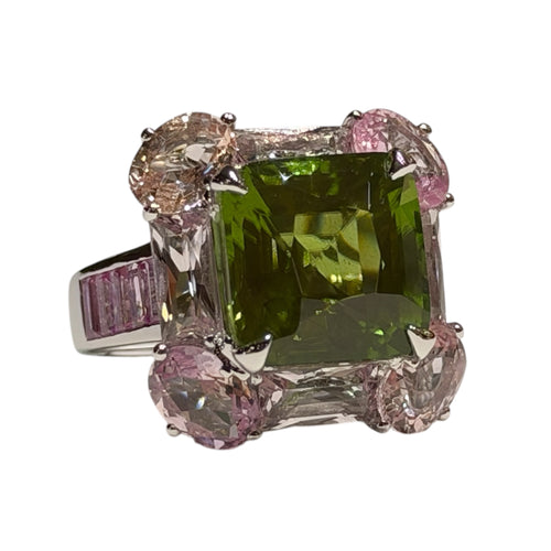 JR0483K - Peridot with Pink Sapphire & Morganite Ring Set in Platinum Setting