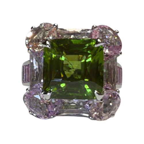 JR0483K - Peridot with Pink Sapphire & Morganite Ring Set in Platinum Setting