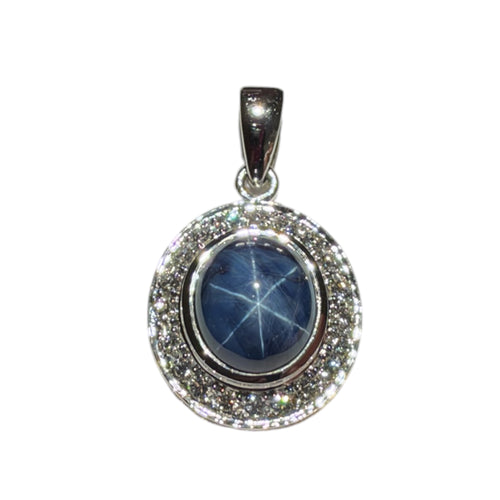 JP0130K - Blue Star Sapphire with Diamond Pendant Set in 18K White Gold Setting