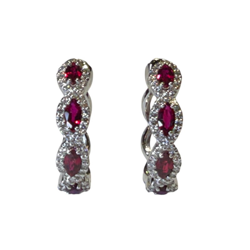 Marquise Ruby with Diamond Hoop Earrings Set in 18K White Gold Setting