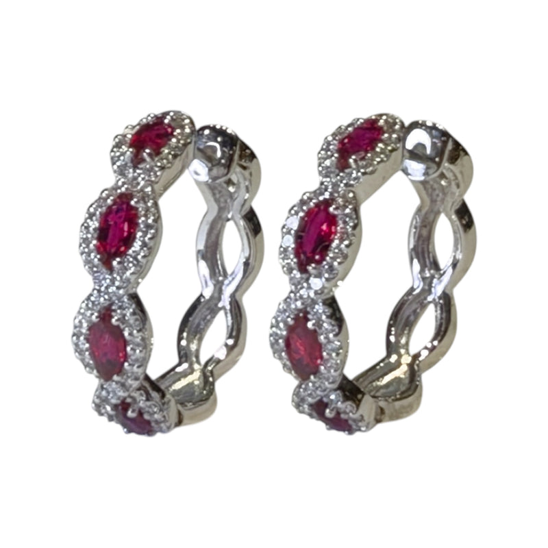 Marquise Ruby with Diamond Hoop Earrings Set in 18K White Gold Setting