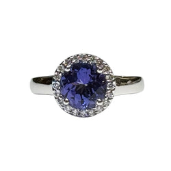 JR0484K - Tanzanite with Halo Diamond Ring Set in 18K White Gold Setting