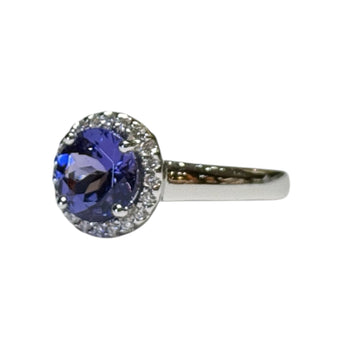 JR0484K - Tanzanite with Halo Diamond Ring Set in 18K White Gold Setting