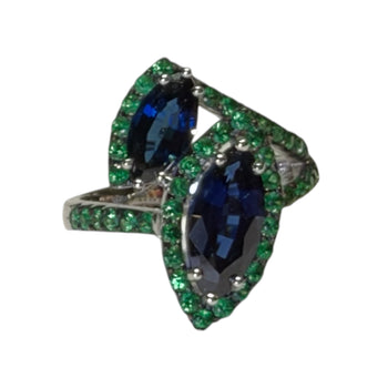Marquise Sapphire with Tsavorite Ring Set in 18K White Gold Setting