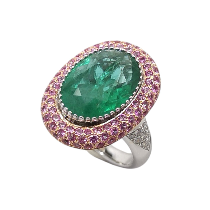 JR0396K - Emerald with Pave Pink Sapphire and Diamond Ring Set in 18K White & Rose Gold Setting