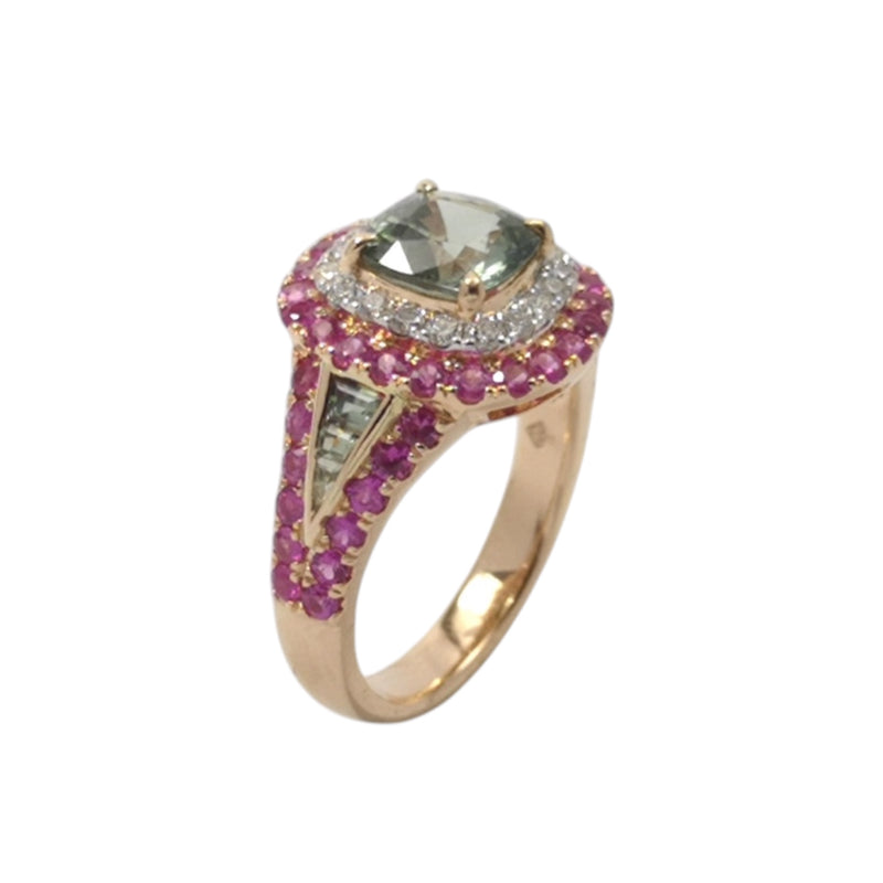 JR0377K - GIA Certified Unheated Green Sapphire with Pink Sapphire and Diamond Ring Set in 18K Rose Gold Setting