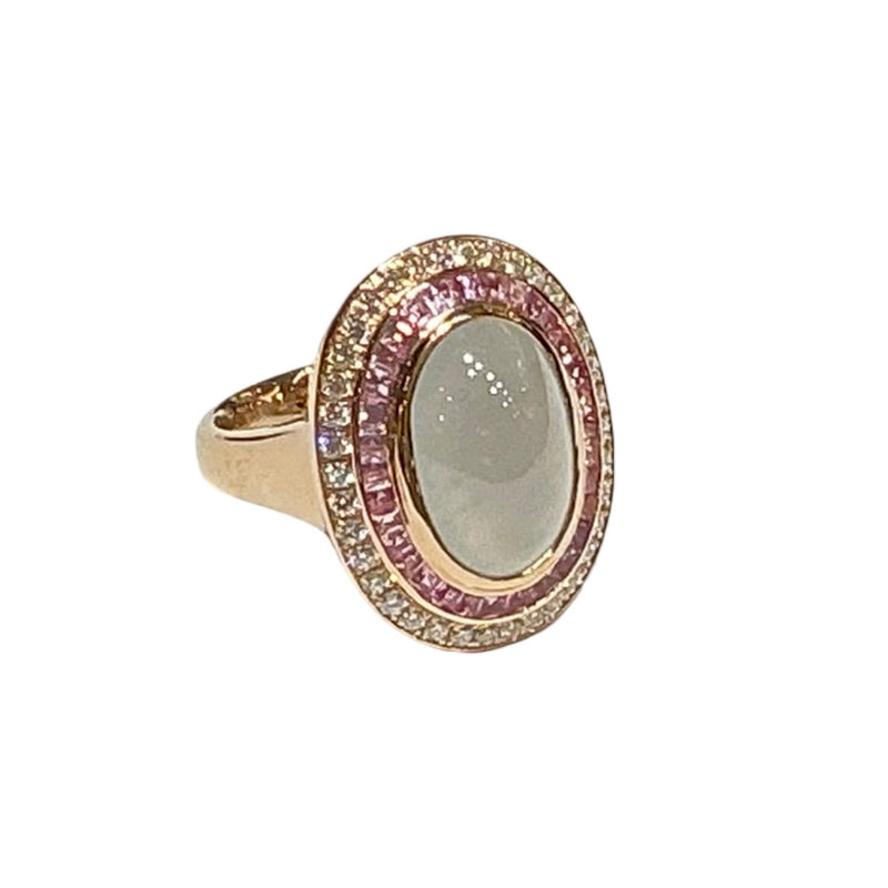 JR0042K - White Jade, Pink Sapphire and Diamond Ring in 18k Rose Gold
