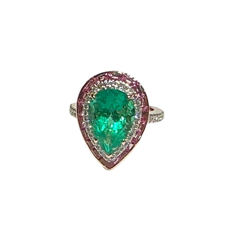 JR0043K - Emerald, Pink Sapphire and Diamond Ring in 18k Gold