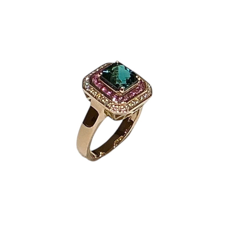 JR0040K - Indicolite Tourmaline, Pink Sapphire and Diamond Ring in 18k Rose Gold