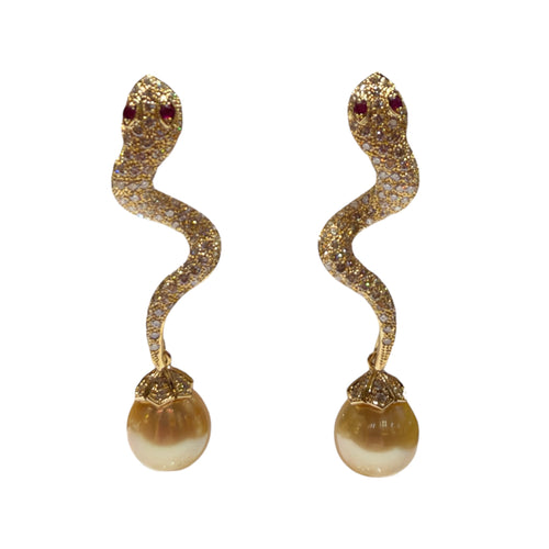 JEMF1026K - Champaign Diamond Snake Earrings with Golden South Sea Pearl Drops set in 18K Gold Setting