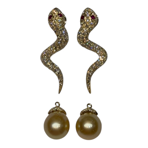 JEMF1026K - Champaign Diamond Snake Earrings with Golden South Sea Pearl Drops set in 18K Gold Setting