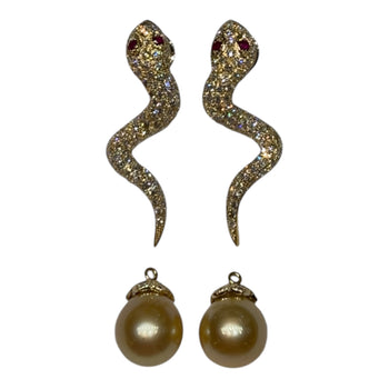 JEMF1026K - Champaign Diamond Snake Earrings with Golden South Sea Pearl Drops set in 18K Gold Setting