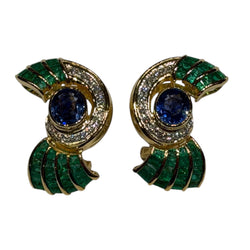 JE0441K - Blue Sapphire, Emerald, and Diamond Earrings Set in 18K Gold Setting