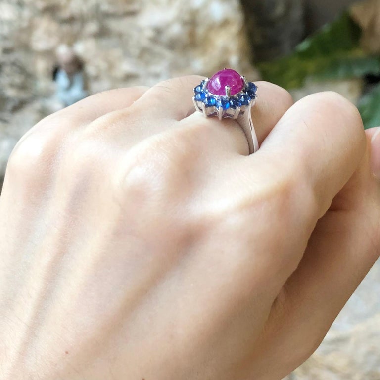 SJ3024 - Cabochon Ruby with Cabochon Blue Sapphire Ring set in Silver Settings