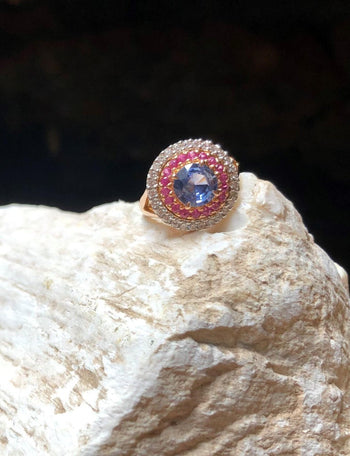 SJ6098 - Blue Sapphire with Pink Sapphire and Diamond Ring Set in 18 Karat Rose Gold