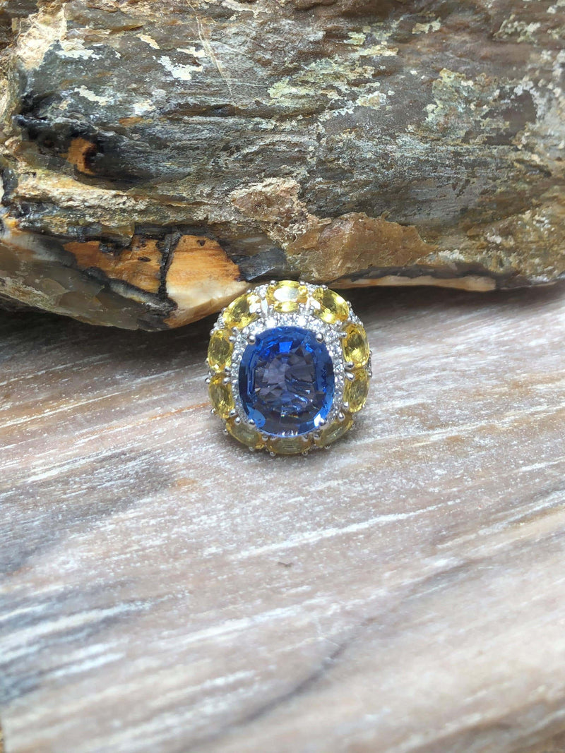 SJ2535 - Blue Sapphire with Yellow Sapphire and Diamond Ring Set in 18 Karat White Gold