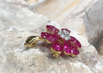 JPB6068 - Invisible Set Ruby with Diamond Flower Brooch/Pendant Set in 18K Gold Setting