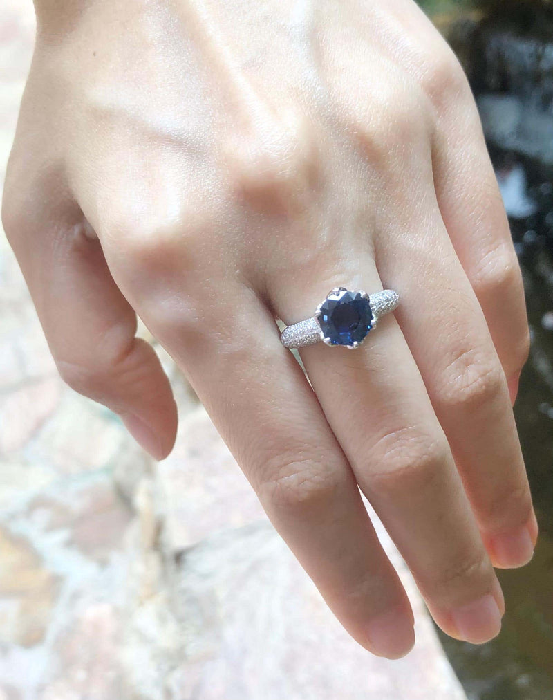 SJ2505 - Certified 2cts Blue Sapphire with Diamond Ring in 18K White Gold Settings