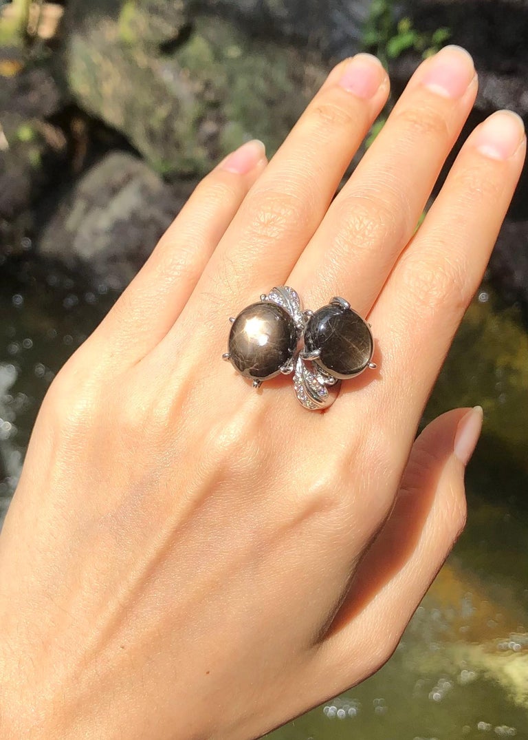 SJ3063 - Black Star Sapphire & Cubic Zirconia Ring set in Silver Settings