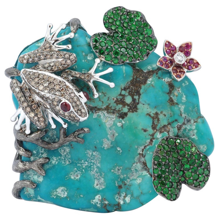 SJ3123 - Turquoise, Tsavorite, Ruby, Brown Diamond and Diamond Frog Brooch Set in 18K
