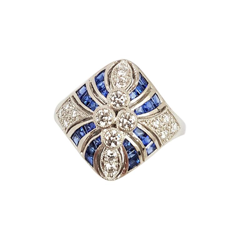 SJ2568 - Blue Sapphire with Diamond Ring Set in 18 Karat White Gold Settings
