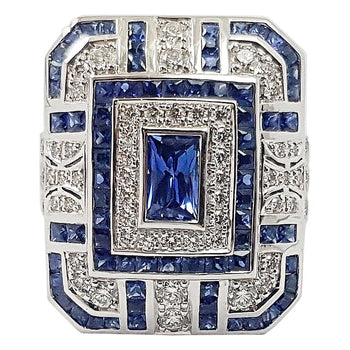 SJ1878 - Blue Sapphire with Diamond Ring Set in 18 Karat White Gold Settings