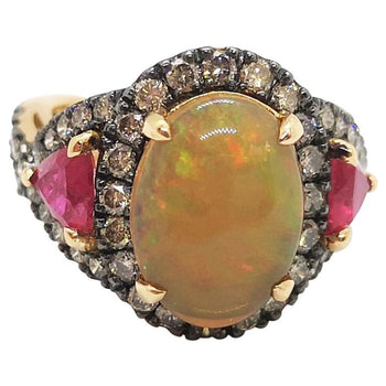 SJ2625 - Opal, Ruby with Brown Diamond Ring Set in 18 Karat Rose Gold Settings