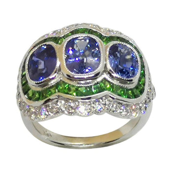 SJ6103 - Blue Sapphire with Tsavorite and Diamond Ring Set in 18 Karat White Gold