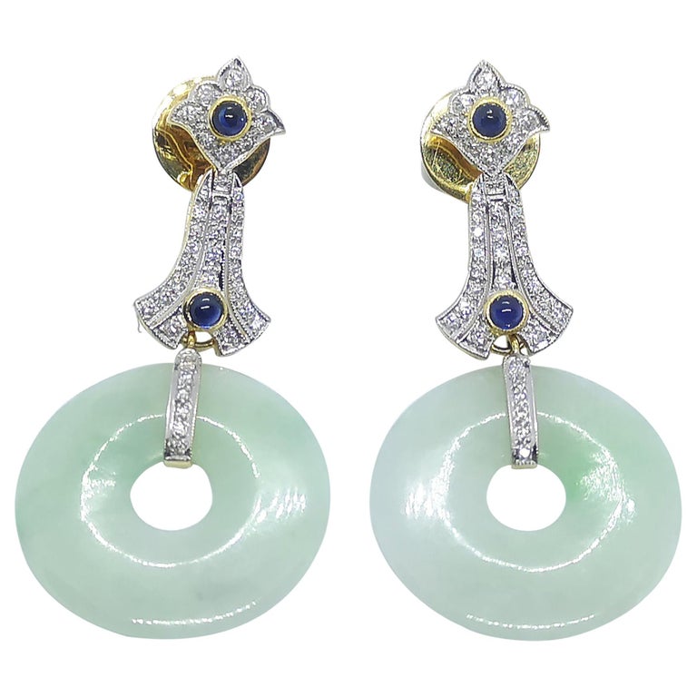 SJ2605 - Jade with Blue Sapphire and Diamond Earrings Set in 18 Karat Gold Settings
