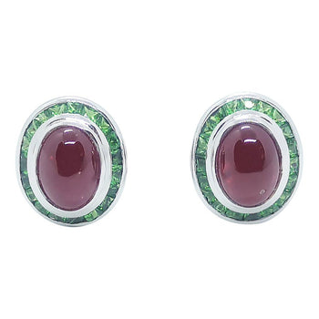 SJ2605 - Cabochon Ruby with Tsavorite Earrings Set in 18 Karat White Gold Settings