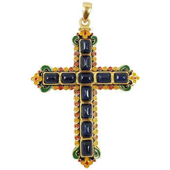 SJ1886 - Cabochon Blue Sapphire Double Sided Cross Pendant Set in 18 Karat Gold Settings