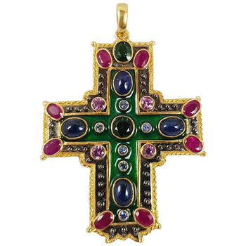 SJ1887 - Green Tourmaline, Cabochon Blue Sapphire, Ruby Cross Pendant in 18 Karat Gold