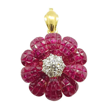 SJ1886 - Ruby with Diamond Flower Brooch/Pendant Set in 18 Karat Gold Settings
