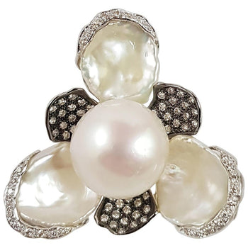 SJ2592 - Fresh Water Pearl with Brown Diamond Ring Set in 18 Karat White Gold Settings