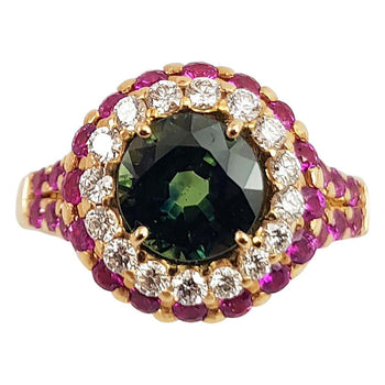 JR0356U - Round Green Sapphire with Pave Pink Sapphire & Diamond Ring Set in 18K Rose Gold