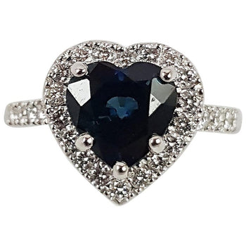 JR0582R - Heart Shape Blue Sapphire with Diamond Ring Set in 18 Karat White Gold Settings