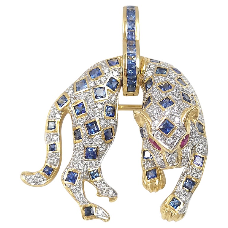 SJ6107 - Blue Sapphire, Diamond and Ruby Panther Brooch/Pendant Set in 18K Gold Settings