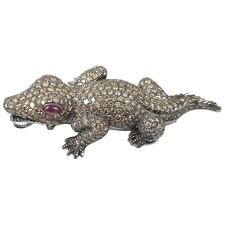 SJ6198 - Brown Diamond with Ruby Crocodile/Alligator Brooch/Pendant Set in 18 Karat Gold