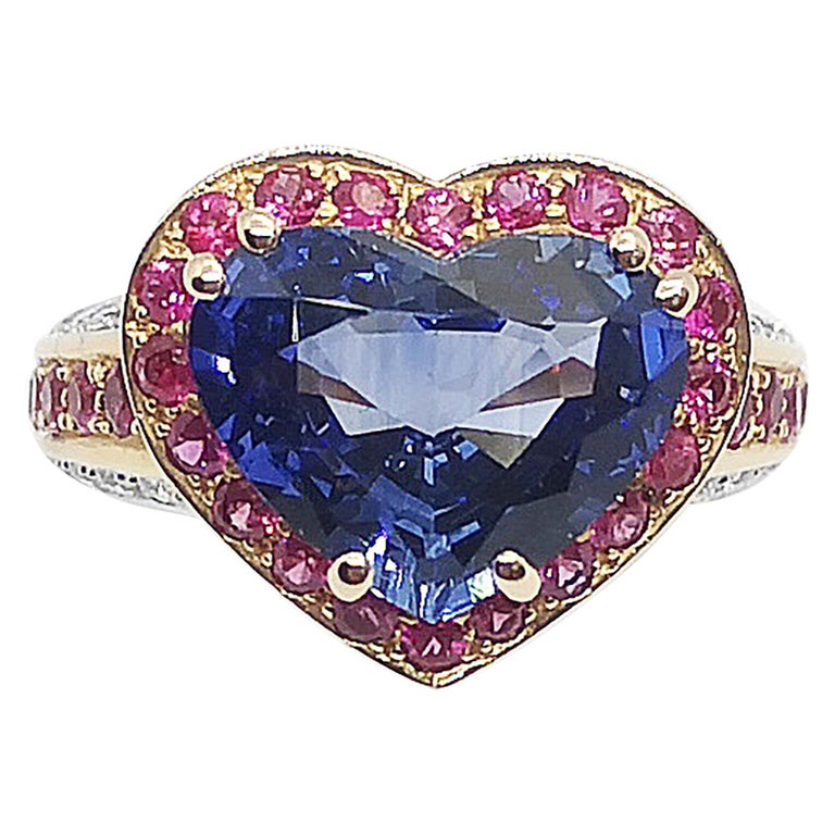 SJ6196 - Heart Shape Blue Sapphire with Pink Sapphire and Diamond Ring in 18K Rose Gold