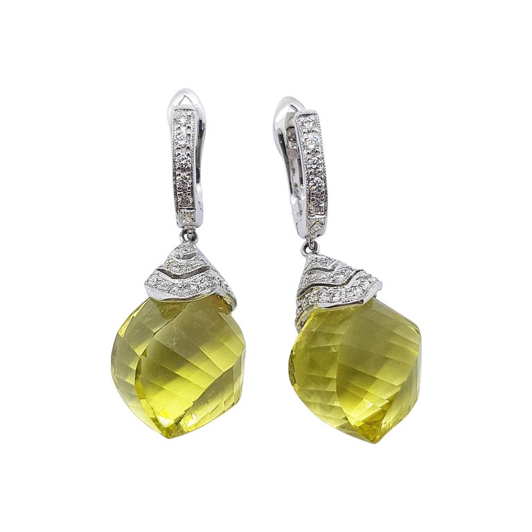 SJ6205 - Lemon Quartz with Diamond Earrings Set in 18 Karat White Gold Settings