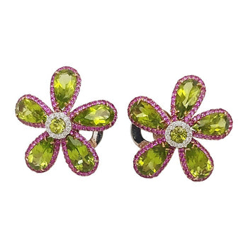 SJ6197 - Peridot with Pink Sapphire and Diamond Flower Earrings Set in 18k White Gold