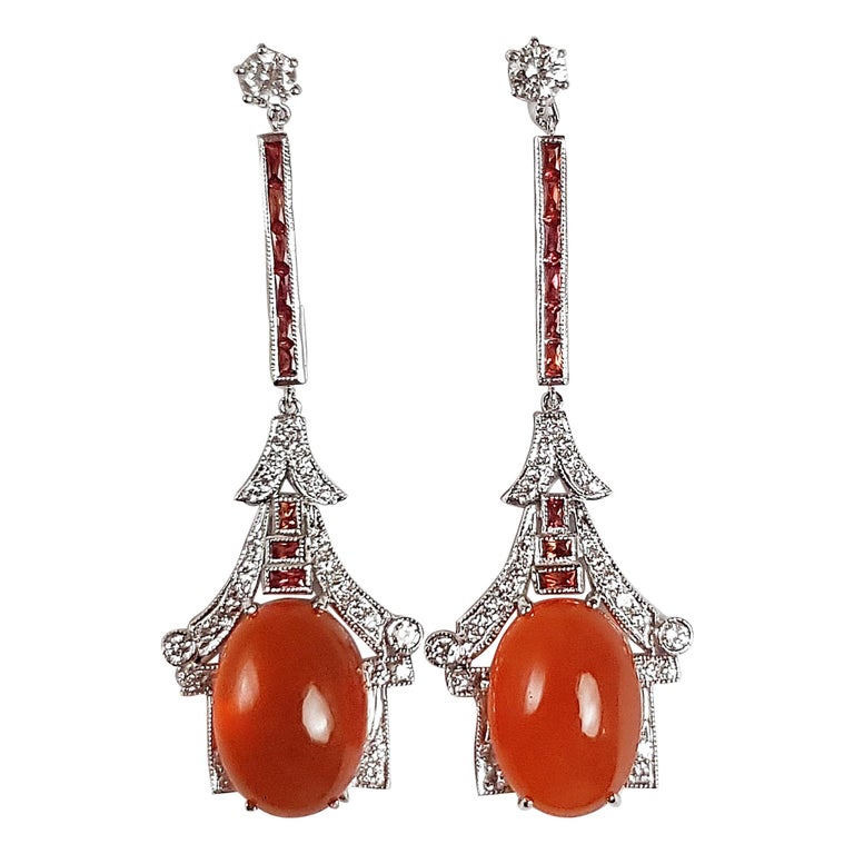 SJ2558 - Carnelian with Diamond and Orange Sapphire Earrings Set in 18 Karat White Gold