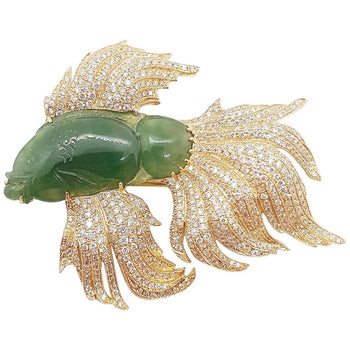 SJ6194 - Jade with Brown Diamond Siamese Fighting Fish Brooch in 18 Karat Gold Settings